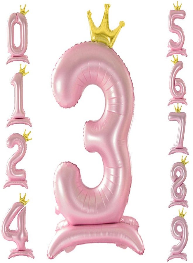Eoopoon 42 Inch Crown Pink Number Balloon, Number 3 Balloon with Base for Girls 3nd Birthday Party Decoration, Anniversary Decor Theme Party Supplies (Pink 3) - Image 1