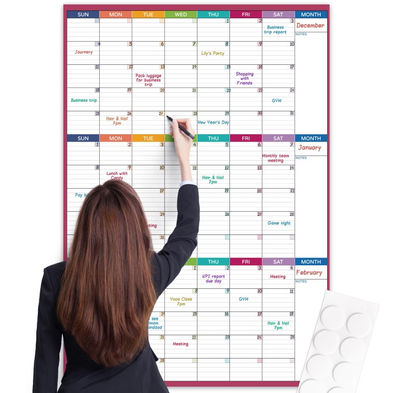 BooQool Large Dry Erase Calendar For Wall - Undated 3 Month Calendar, 28'' x 40'', Erasable & Reusable Laminated White Board With 8 Round Stickers, Vertical Layout For Home, Office And Classroom Use - Image 1