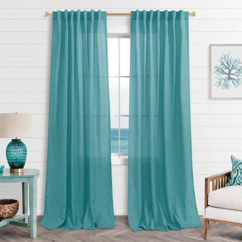 KOUFALL Teal Linen Curtains 84 Inch Length, Boho Back Tab Sheer Semi Light Filtering Bohemian Curtains for Bedroom Living Room, 2 Pack, Peacock Blue Green - Image 1