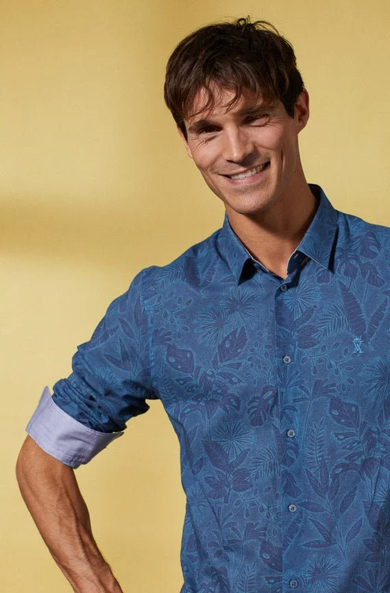 فيكونت أ. Charles - Dark Blue Floral Shirt 100% Cotton