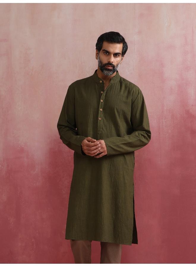 trueBrowns Men's Olive green Mandarin Collar Kurta  - Image 3
