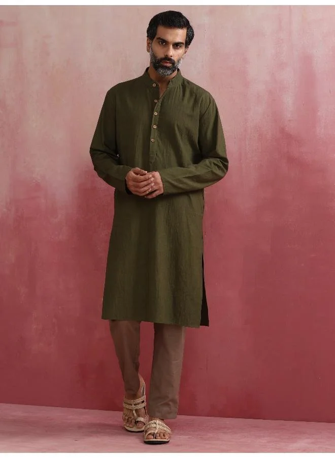 ترو برونز Men's Olive green Mandarin Collar Kurta
