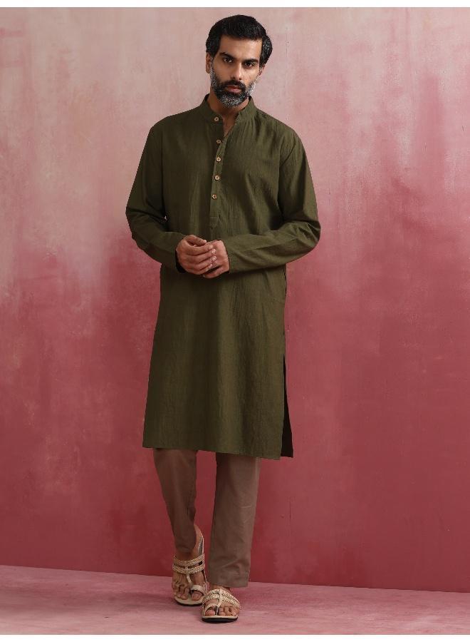 trueBrowns Men's Olive green Mandarin Collar Kurta  - Image 1