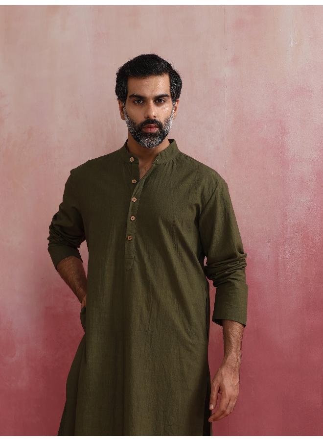 trueBrowns Men's Olive green Mandarin Collar Kurta  - Image 5