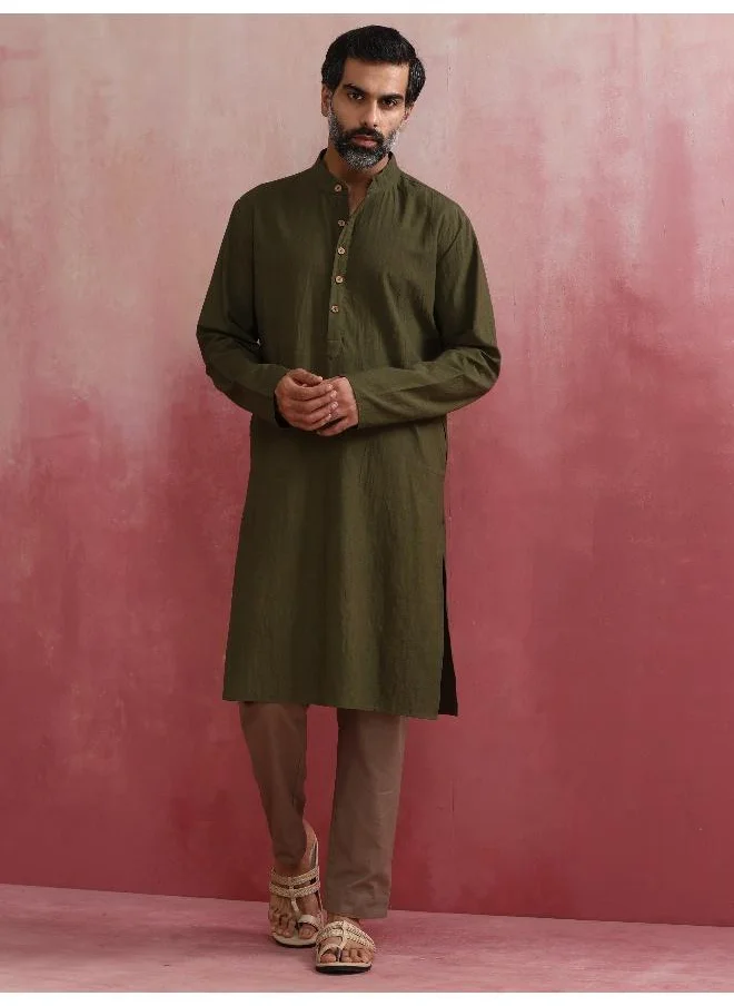 ترو برونز Men's Olive green Mandarin Collar Kurta