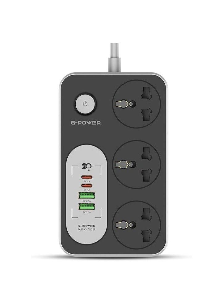 GP342 Power Strip Surge Protector Containing 220 Volt With Three Universal International Socket provides Two Type C Charging Ports 20 Watt - Black Grey  - Image 1