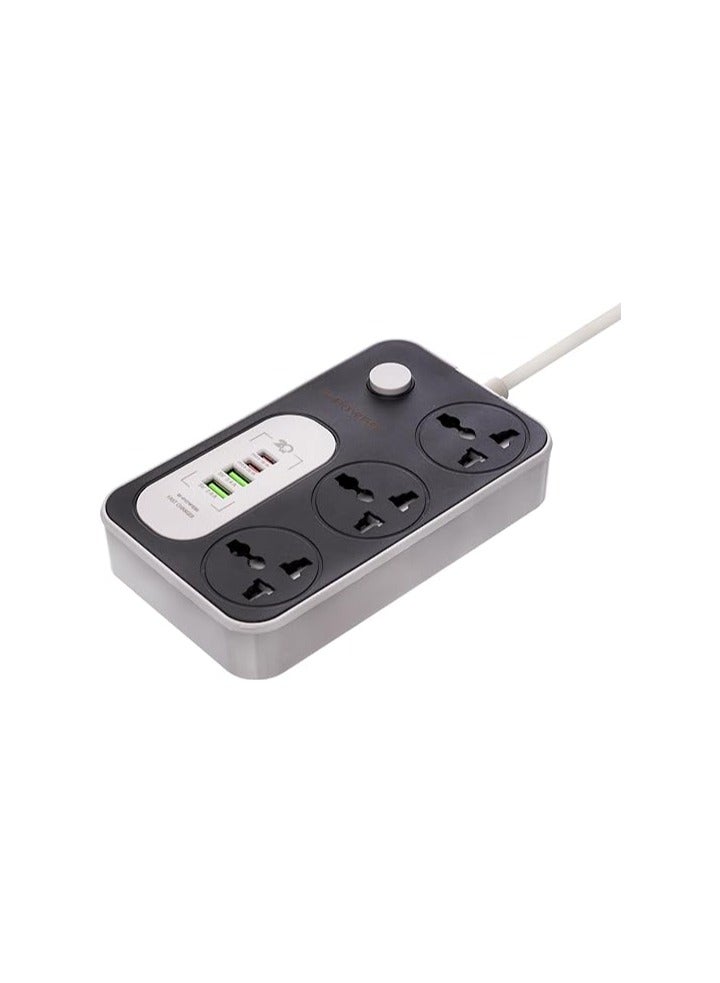 GP342 Power Strip Surge Protector Containing 220 Volt With Three Universal International Socket provides Two Type C Charging Ports 20 Watt - Black Grey  - Image 2