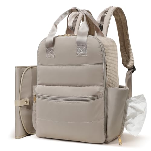 MOMINSIDE Diaper Bag Backpack Large Baby Diaper Bag With 15 Pockets,Patchwork Baby Travel Bag Organizer for Mom,4 Insulated Pockets,Changing Pad,Brown - Image 1