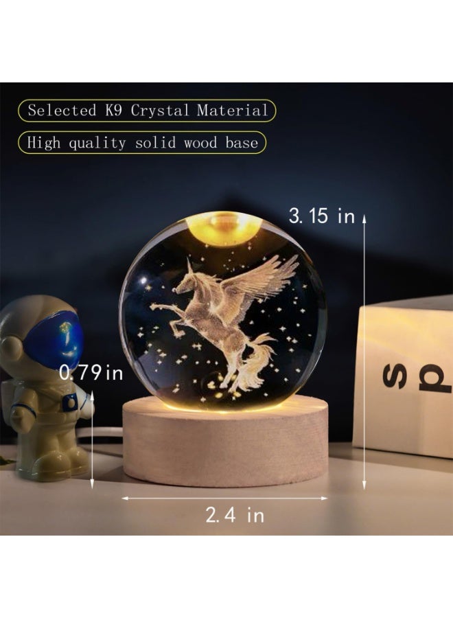 ARABIQO 3D Crystal Ball Night Light 8cm with Wooden Base, USB Powered LED Glass Lamp for Bedroom, Home & Office Décor, Galaxy Crystal Nightlight Gift for Birthday & Holiday (Pegasus) - Image 2