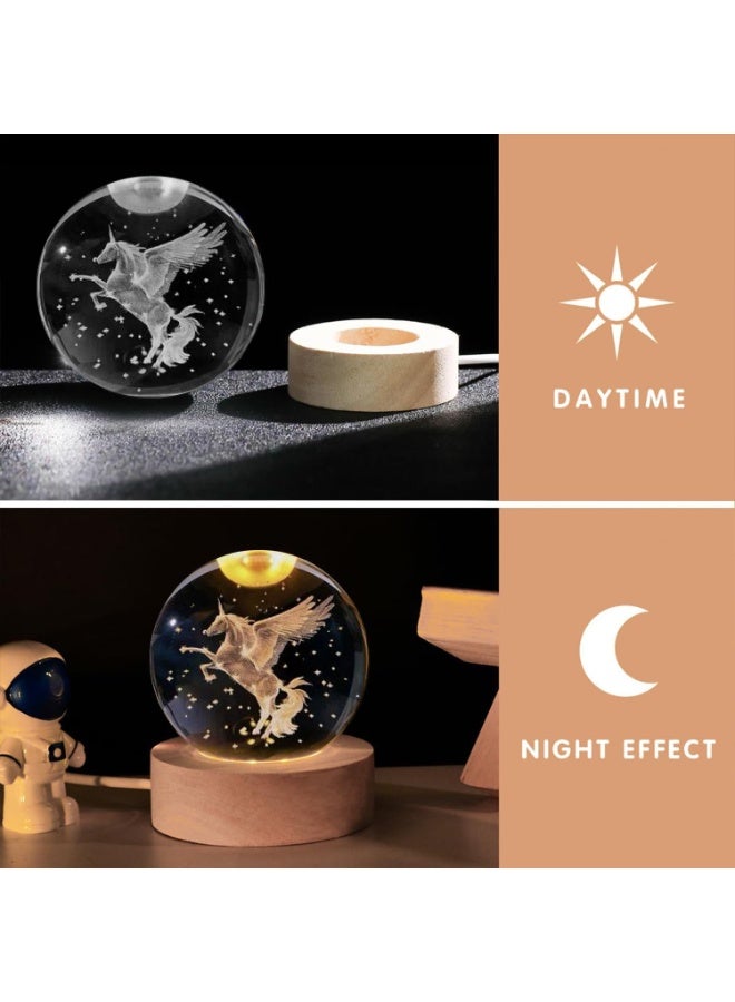 ARABIQO 3D Crystal Ball Night Light 8cm with Wooden Base, USB Powered LED Glass Lamp for Bedroom, Home & Office Décor, Galaxy Crystal Nightlight Gift for Birthday & Holiday (Pegasus) - Image 3