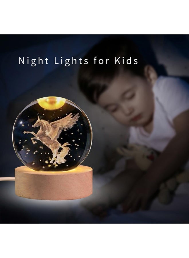 ARABIQO 3D Crystal Ball Night Light 8cm with Wooden Base, USB Powered LED Glass Lamp for Bedroom, Home & Office Décor, Galaxy Crystal Nightlight Gift for Birthday & Holiday (Pegasus) - Image 4