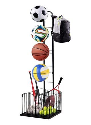 Basketball Display Rack with Storage Basket for Household, Sports Equipment Rack Garage Sports Organizer Display Stand for Balls - pzsku/Z8C3C18EB313127F4BA2EZ/45/_/1687717001/2a434101-e79b-488e-8b48-d4f5e06afc9c