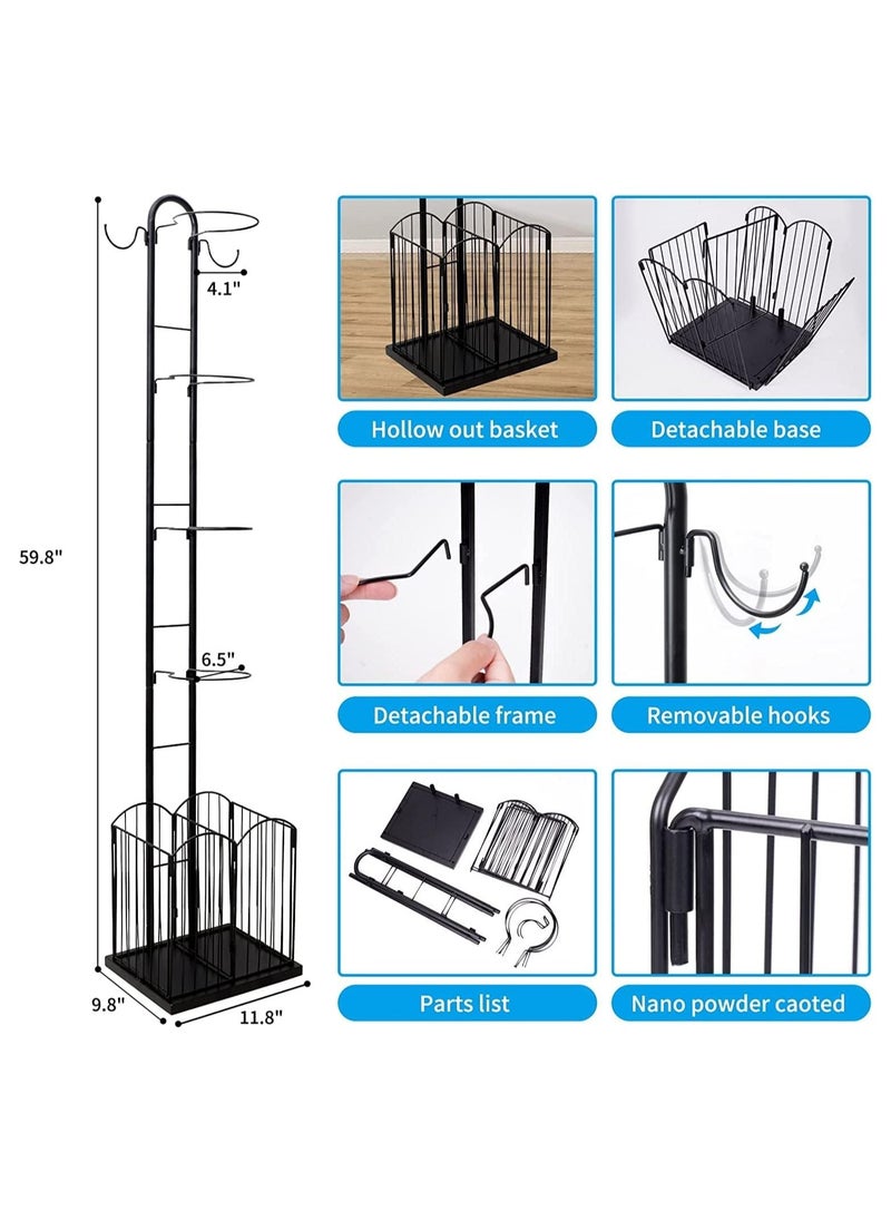 Basketball Display Rack with Storage Basket for Household, Sports Equipment Rack Garage Sports Organizer Display Stand for Balls