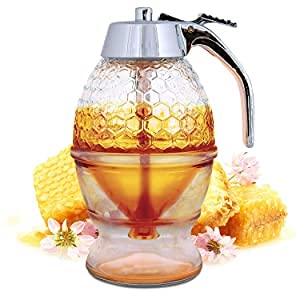 HOMAVA Homava Honey Dispenser No Drip Glass with Stainless Steel Top - Syrup Dispenser Glass - Beautiful Honey Pot - Honey Jar with Stand - Image 1