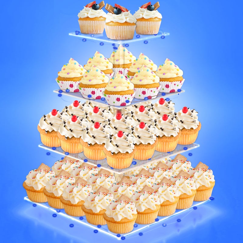 Cupcake Stand 4 Tier Cupcake Holder Light Up Cupcake Stand for 50 Cupcakes Square Cupcake Tower Dessert Table Display Set for Weddings Christmas Birthday Parties Blue Light