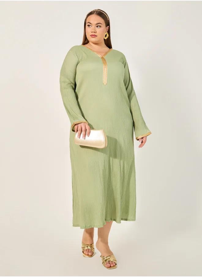 ستايلي Styli Plus Size Textured V-Neck A-Line Jalabyia