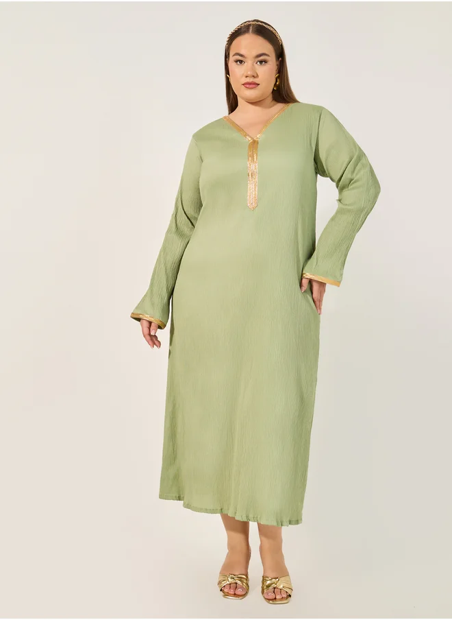 ستايلي Styli Plus Size Textured V-Neck A-Line Jalabyia