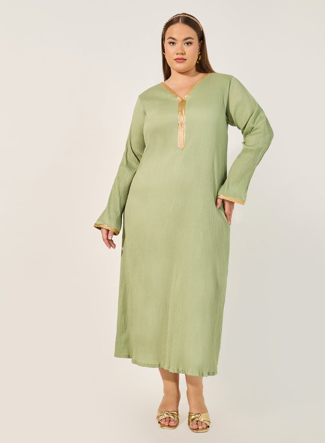 ستايلي جلابية ستايلي مقاس كبير بياقة على شكل  بنقوش - Image 2