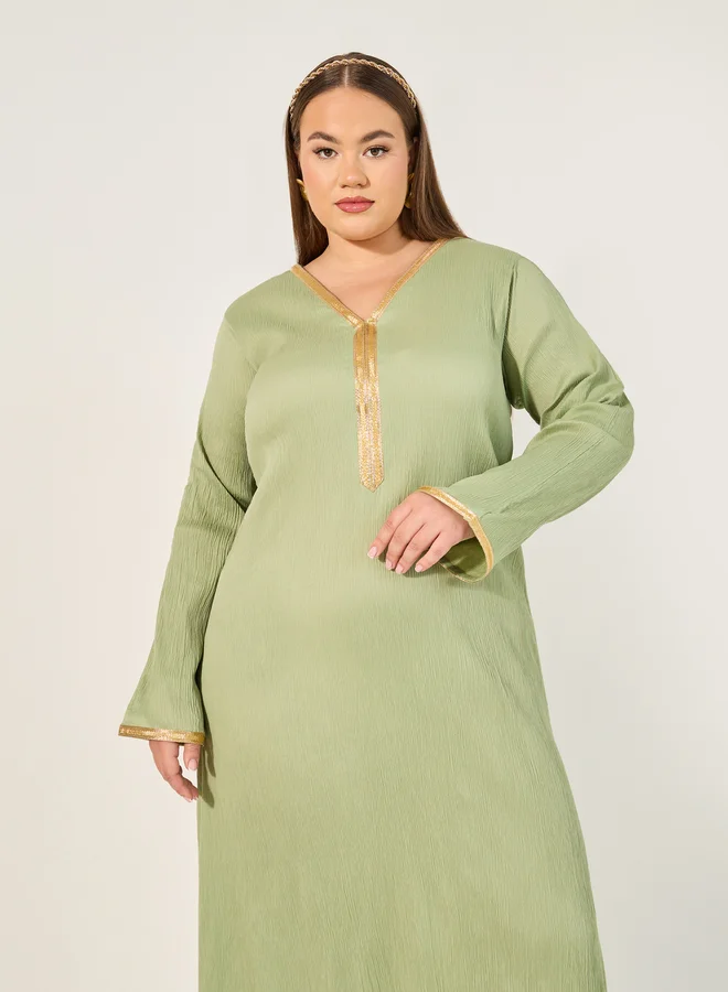 Styli Styli Plus Size Textured V-Neck A-Line Jalabyia