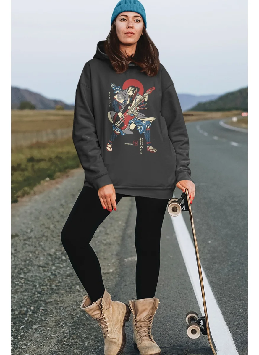 Rock&Roll Japanese Bassist Anthracite Oversize Hooded Thick Women's Sweatshirt