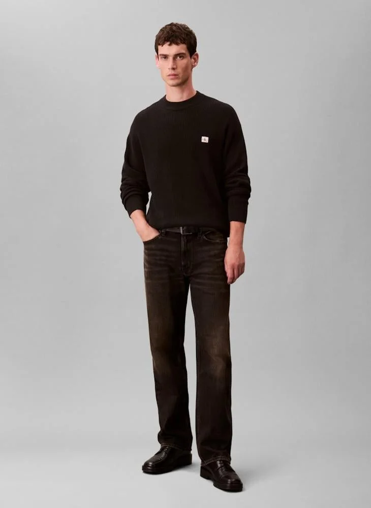 Calvin Klein Jeans Black Waffle Knit Woven Label Jumper for Men | Best Price UAE