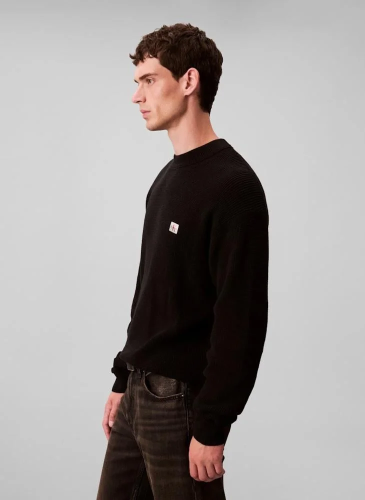 Calvin Klein Jeans Black Waffle Knit Woven Label Jumper for Men | Best Price UAE
