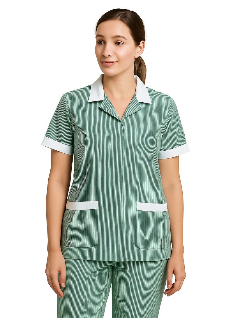 رناز يونيفورم طقم زي خادمة منزلية مخطط للسيدات - بلوزة بأكمام قصيرة وسروال متناسق، ملابس عمل خفيفة الوزن للمساعدين المنزليين وموظفي التنظيف ومقدمي الرعاية - Image 1