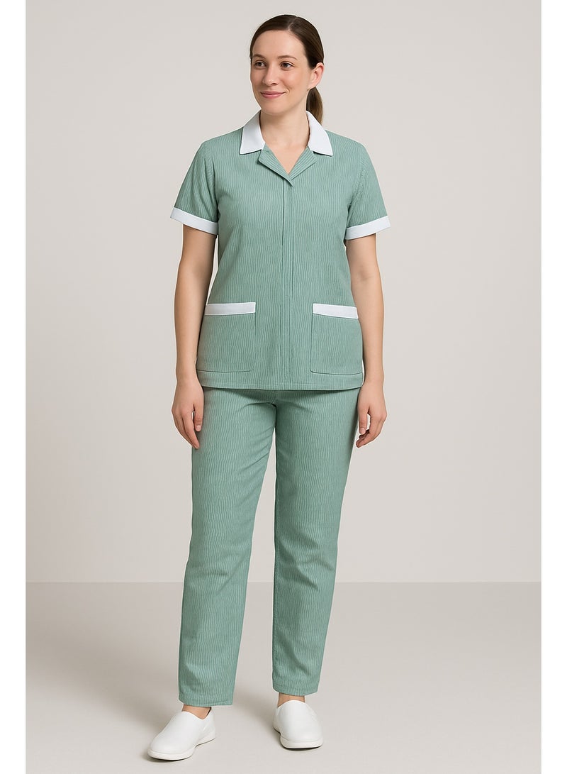 رناز يونيفورم طقم زي خادمة منزلية مخطط للسيدات - بلوزة بأكمام قصيرة وسروال متناسق، ملابس عمل خفيفة الوزن للمساعدين المنزليين وموظفي التنظيف ومقدمي الرعاية - Image 2