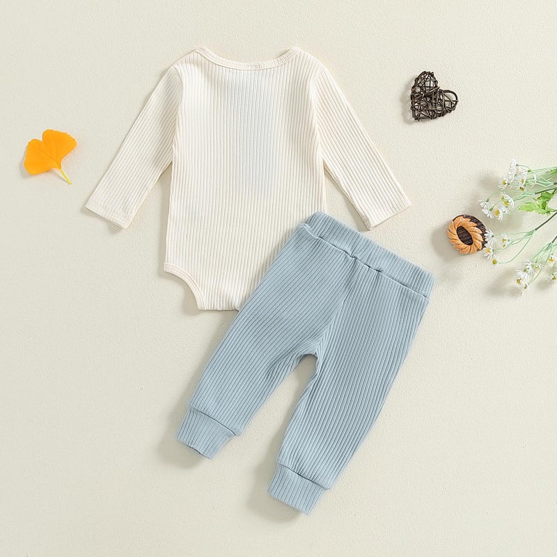 fhutpw Baby Boy Clothes 3 6 12 18 Months Ribbed Knitted Long Sleeve Romper and Pants Sets Newborn Fall Splicing Color Outfits (White&Blue, 6-12 Months) - Image 3