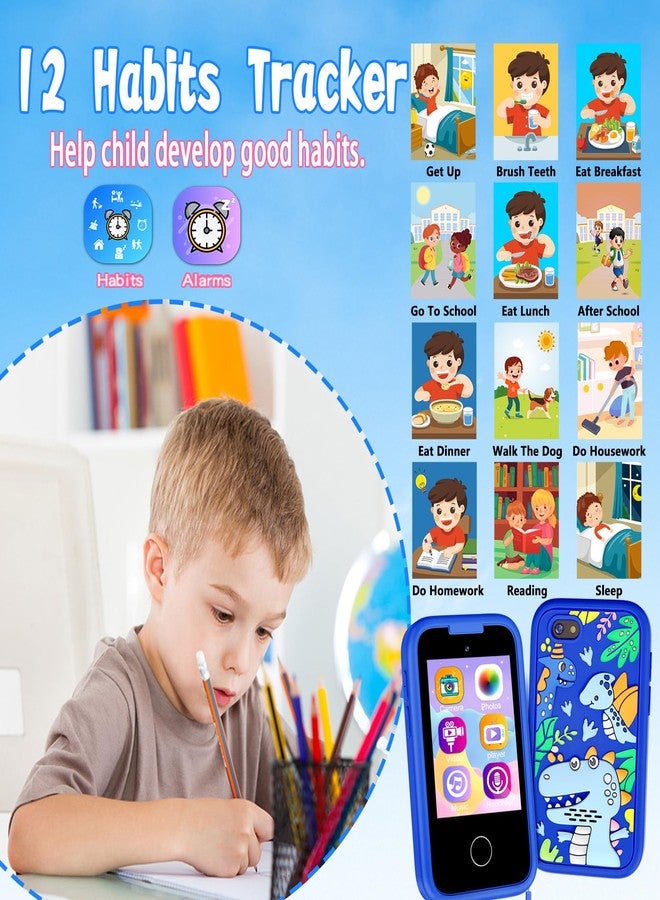 WEOLULI Kids Phone Birthday Gifts Toy for 3 4 5 6 7 8 9 10 Year Old Girls Boy,Toddler Kid Smart Phone with Dinosaur Silicone Cover Educational Games,Music Player,Toys for Girls Boys Age 3-8(Blue) - Image 4