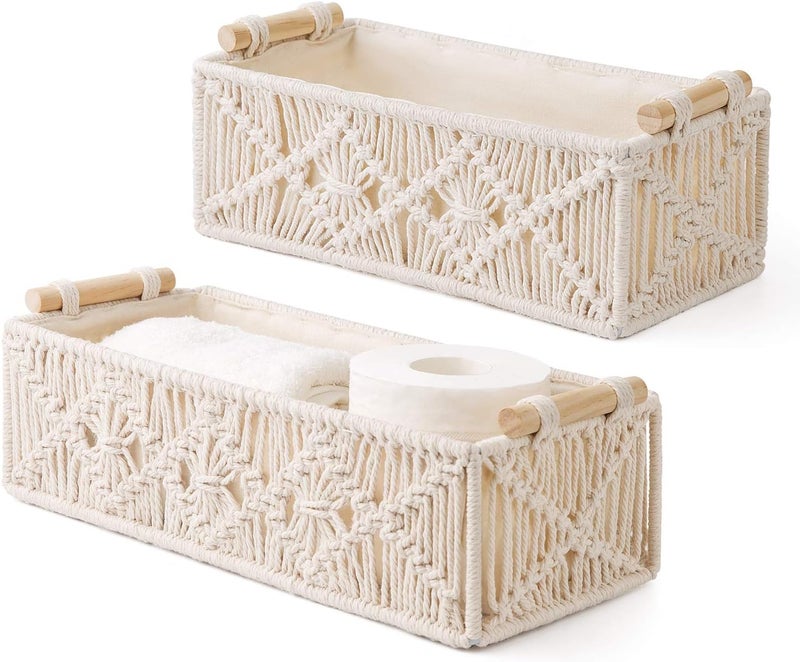 Mkono Macrame Storage Baskets Boho Decor Decoration Box Handmade Woven Decorative Countertop Toilet Tank Shelf Cabinet Organizer for Bedroom Livingroom Home, Set of 2, Ivory - Image 1