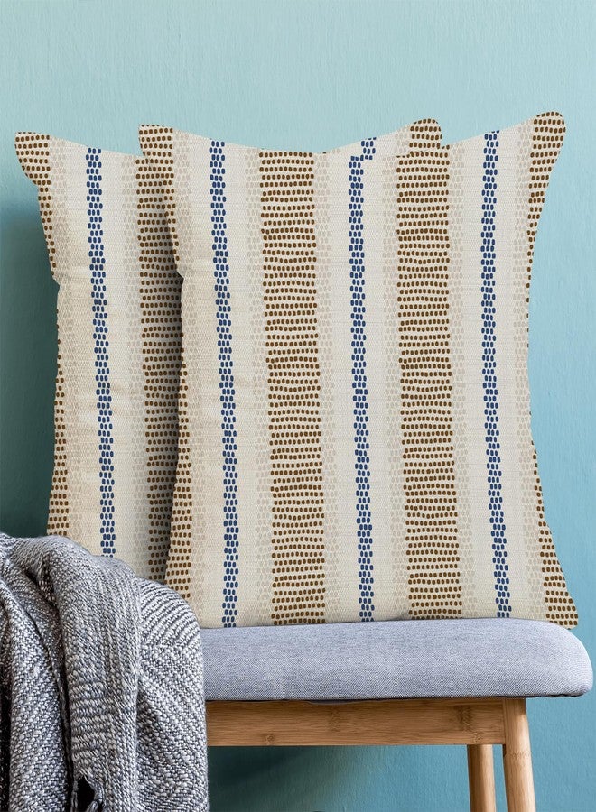 AEIOAE Brown Navy Blue Outdoor Pillow Covers 18 x 18 Inch, Beige Polka Dots Stripe Decor Throw Pillows for Couch Bed, Boho Modern Farmhouse Decorative Pillowcase Linen Cushion Cover Set of 2 - Image 2