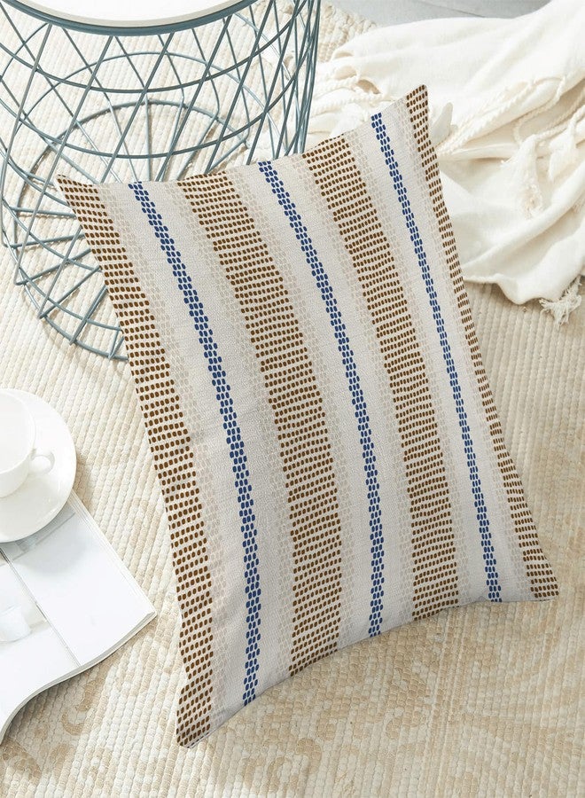 AEIOAE Brown Navy Blue Outdoor Pillow Covers 18 x 18 Inch, Beige Polka Dots Stripe Decor Throw Pillows for Couch Bed, Boho Modern Farmhouse Decorative Pillowcase Linen Cushion Cover Set of 2 - Image 4