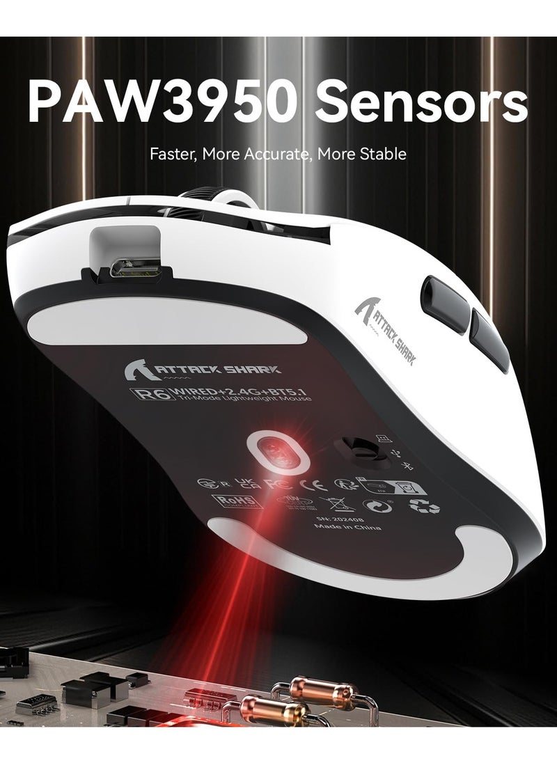 R6 Wireless Gaming Mouse,38G Ultra-Lightweight Trip-Mode 2.4G/USB-C/Bluetooth Mouse Gaming with PAW3950MAX Sensor,42000 DPI,50G Accelerated Speed for PC/Laptop/Mac PC/Laptop/Mac -White