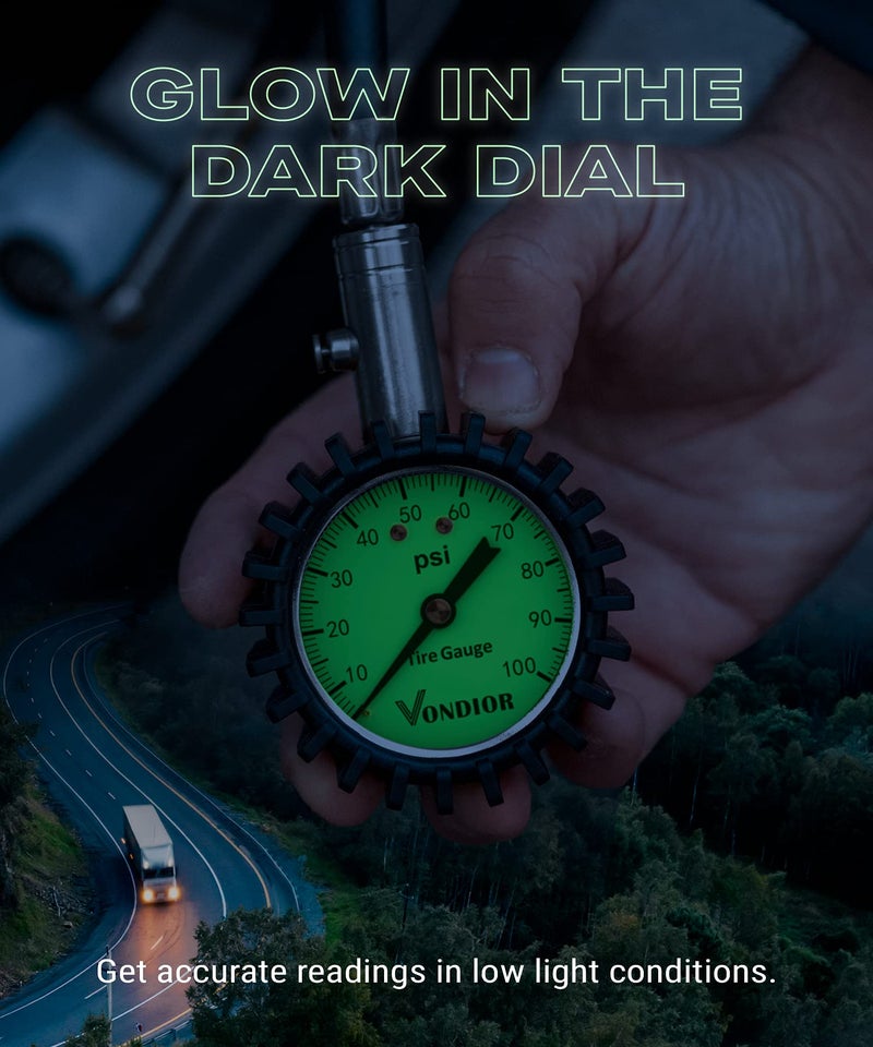 Vondior Tire Pressure Gauge (0-100 PSI) Heavy Duty Air Pressure Gauge, ANSI Certified Tire Gauge for Car and Trucks Tires with Large 2 Inch Easy to Read Glow Dial, Stocking Stuffers for Men - Image 5