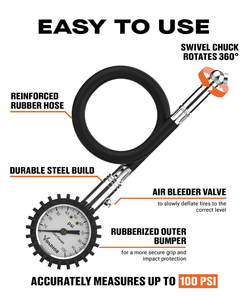 Vondior Tire Pressure Gauge (0-100 PSI) Heavy Duty Air Pressure Gauge, ANSI Certified Tire Gauge for Car and Trucks Tires with Large 2 Inch Easy to Read Glow Dial, Stocking Stuffers for Men - Image 4