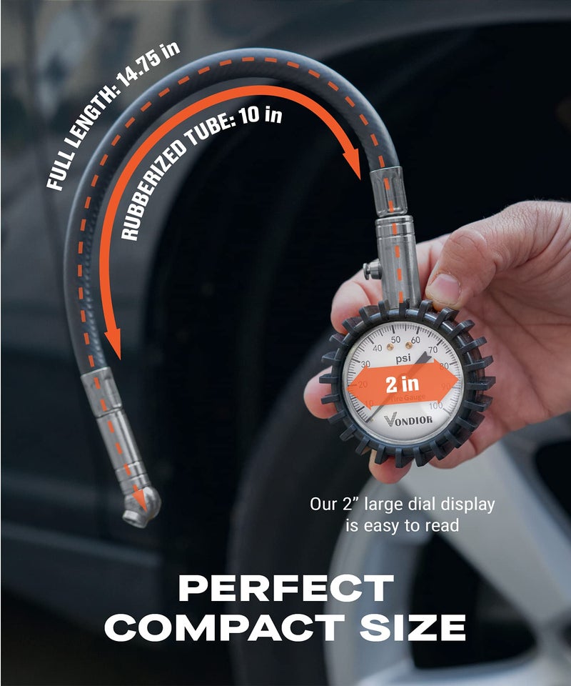 Vondior Tire Pressure Gauge (0-100 PSI) Heavy Duty Air Pressure Gauge, ANSI Certified Tire Gauge for Car and Trucks Tires with Large 2 Inch Easy to Read Glow Dial, Stocking Stuffers for Men - Image 3