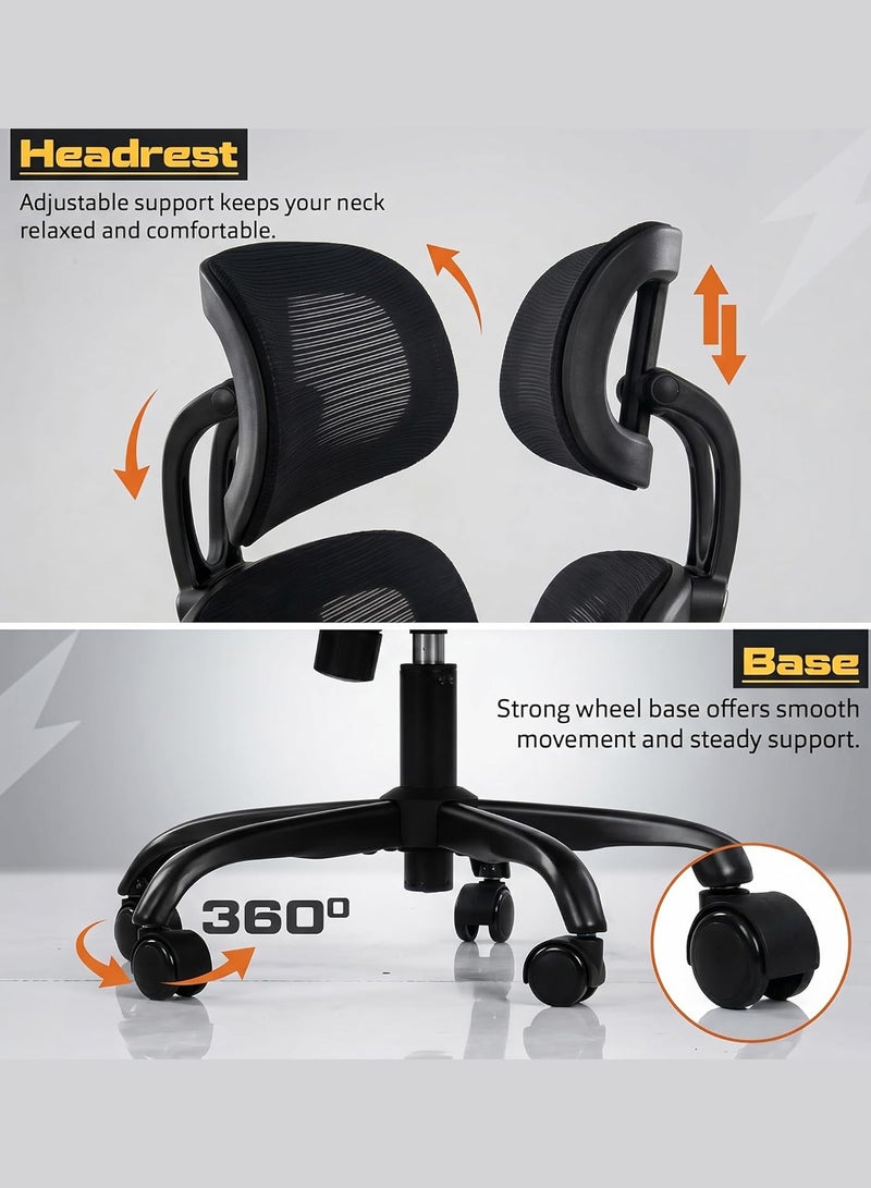 DROGO Premium Ergonomic Office Chair for Work from Home, High Back Computer Chair with Adjustable Seat, Lumbar Support & Headrest, Flip-up Armrest & Recline | Mesh Chair for Office/Home Black - Image 4