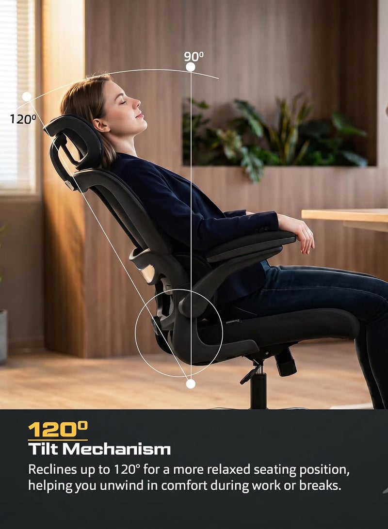 DROGO Premium Ergonomic Office Chair for Work from Home, High Back Computer Chair with Adjustable Seat, Lumbar Support & Headrest, Flip-up Armrest & Recline | Mesh Chair for Office/Home Black - Image 2