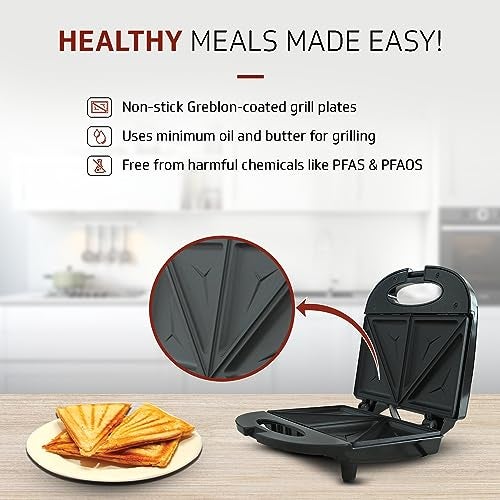 V-Guard VST80 2 Slice Sandwich Maker | Fixed Non-Stick Triangular Plates with Powerful 800 Watt Heating Rods | Easy to Clean Non-Stick Greblon Coating | 1 Year Product Coverage by V-Guard| Black - Image 3