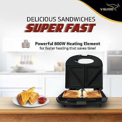 V-Guard VST80 2 Slice Sandwich Maker | Fixed Non-Stick Triangular Plates with Powerful 800 Watt Heating Rods | Easy to Clean Non-Stick Greblon Coating | 1 Year Product Coverage by V-Guard| Black - Image 2
