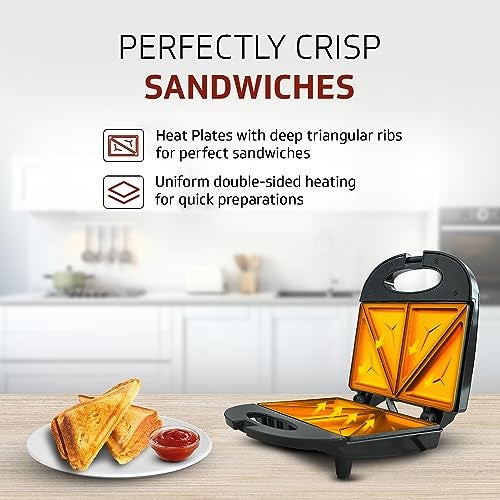 V-Guard VST80 2 Slice Sandwich Maker | Fixed Non-Stick Triangular Plates with Powerful 800 Watt Heating Rods | Easy to Clean Non-Stick Greblon Coating | 1 Year Product Coverage by V-Guard| Black - Image 4