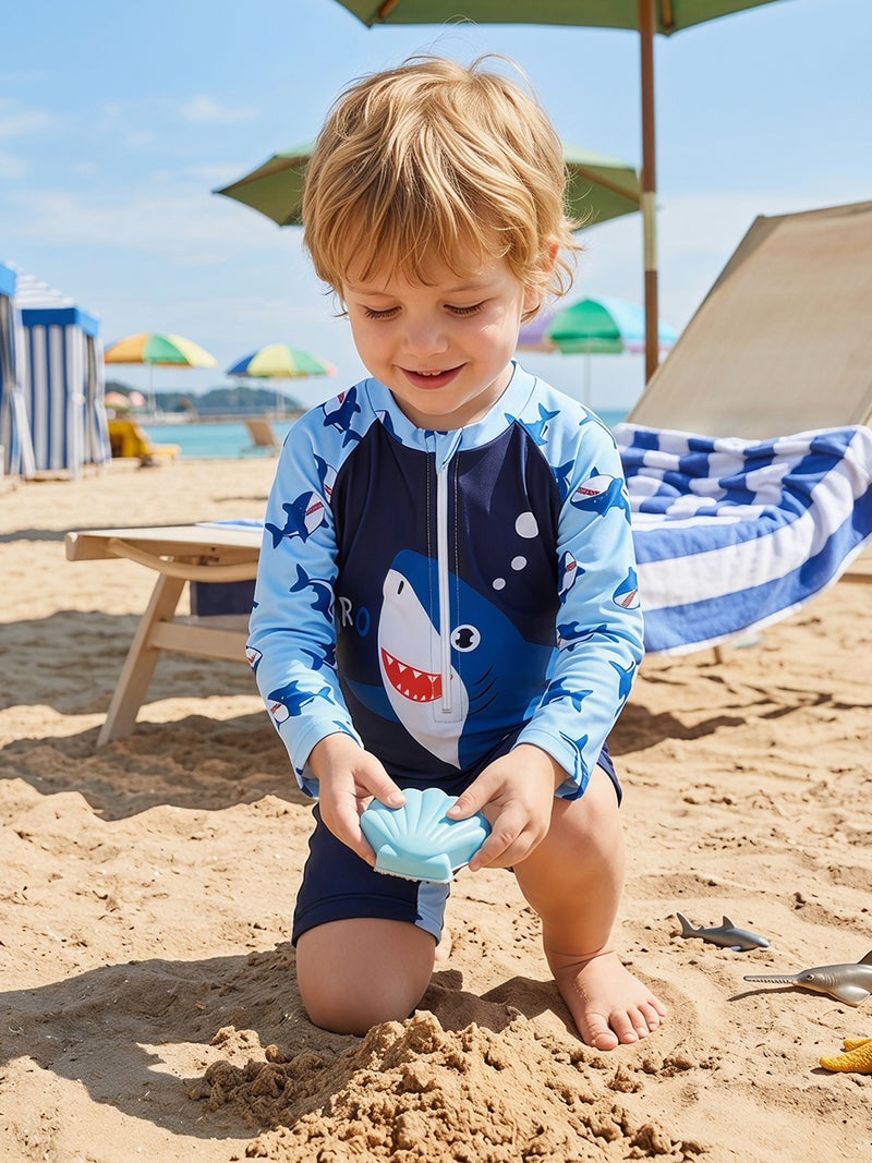 Toddler Baby Boy Rash Guard Swimsuit Shark Print Zip Up Long Sleeve Crew Neck Swimwear - Image 4