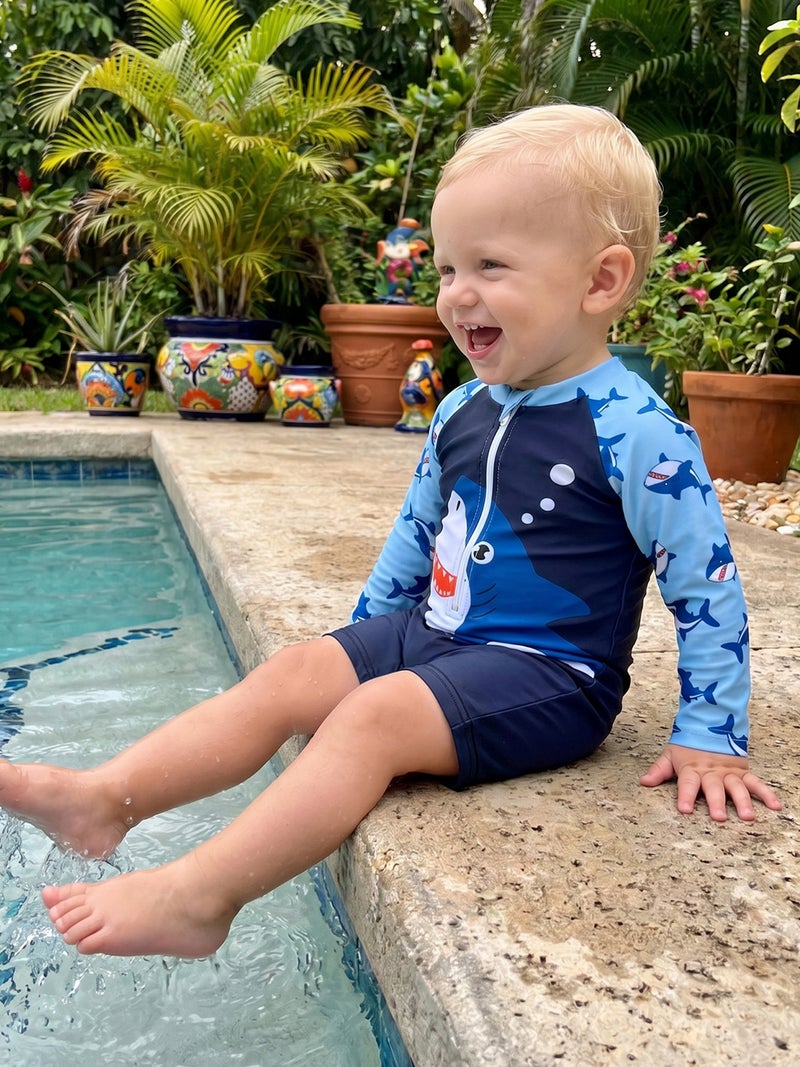 Toddler Baby Boy Rash Guard Swimsuit Shark Print Zip Up Long Sleeve Crew Neck Swimwear - Image 2