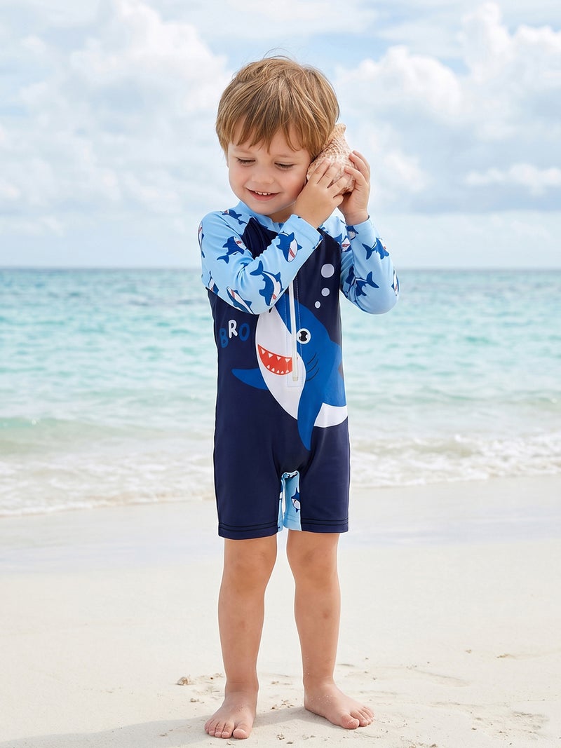 Toddler Baby Boy Rash Guard Swimsuit Shark Print Zip Up Long Sleeve Crew Neck Swimwear - Image 5