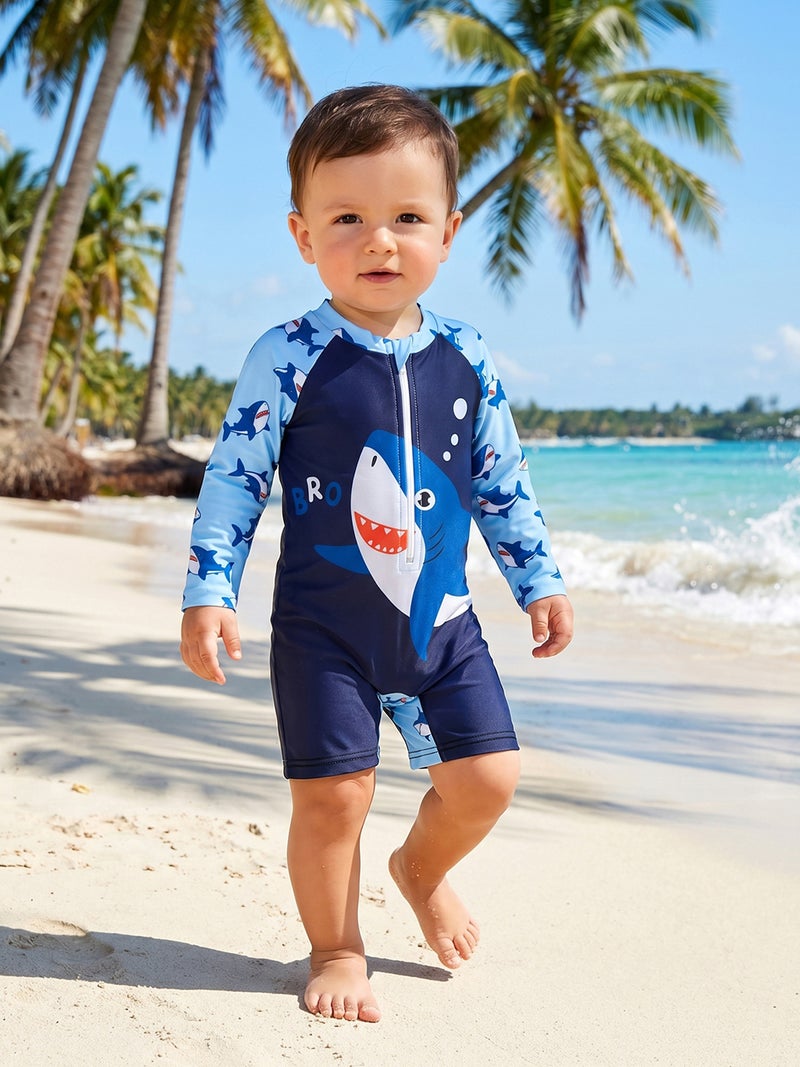 Toddler Baby Boy Rash Guard Swimsuit Shark Print Zip Up Long Sleeve Crew Neck Swimwear - Image 1