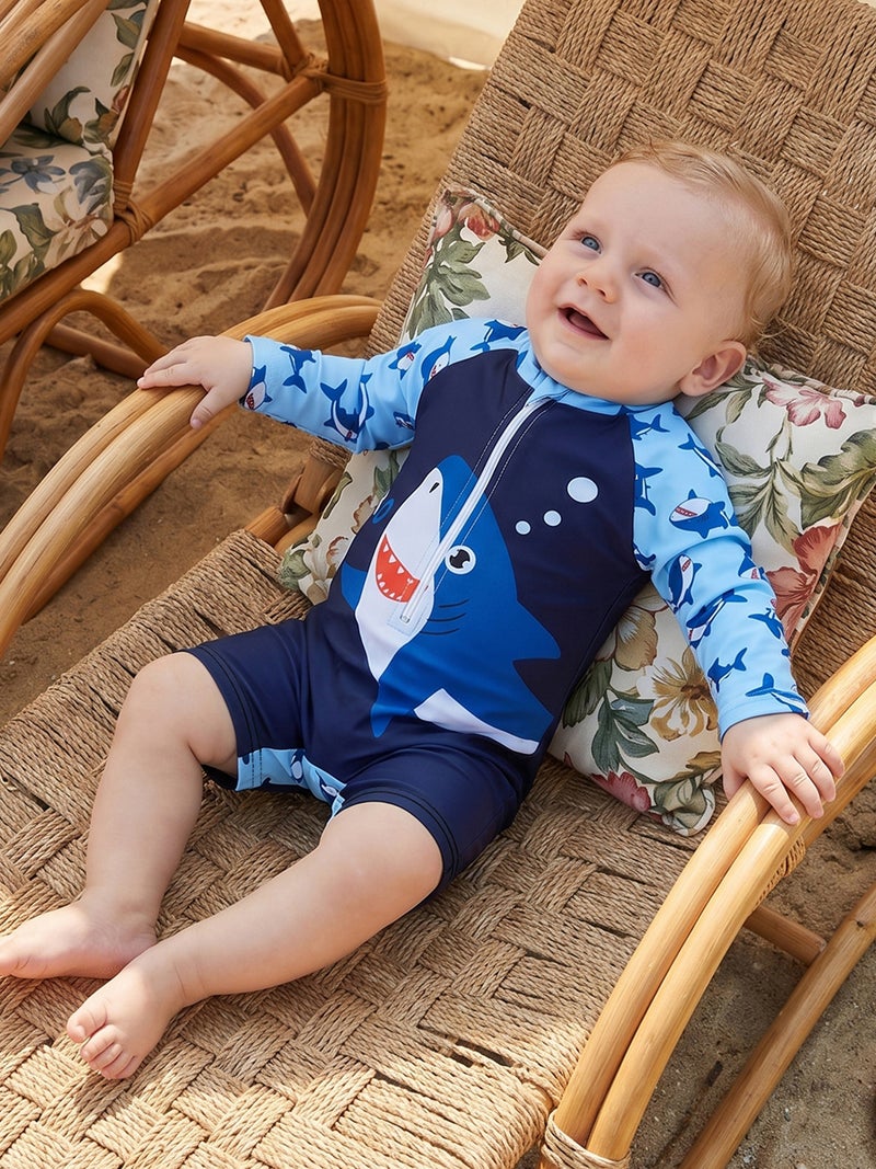 Toddler Baby Boy Rash Guard Swimsuit Shark Print Zip Up Long Sleeve Crew Neck Swimwear - Image 3