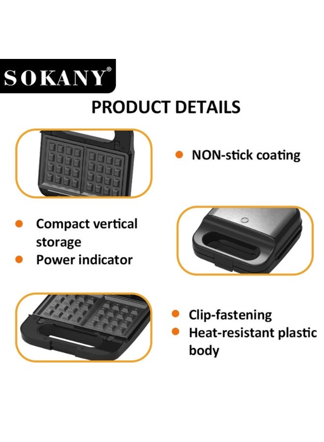 sokany Multi-Snack Maker 3-in-1 - Non-Stick Detachable Cooking Plate | Cooks Delicious Crispy Sandwiches/Waffles/Grills | Cool Touch Handle | Automatic Temperature Control 1200 W Black/Silver - Image 4