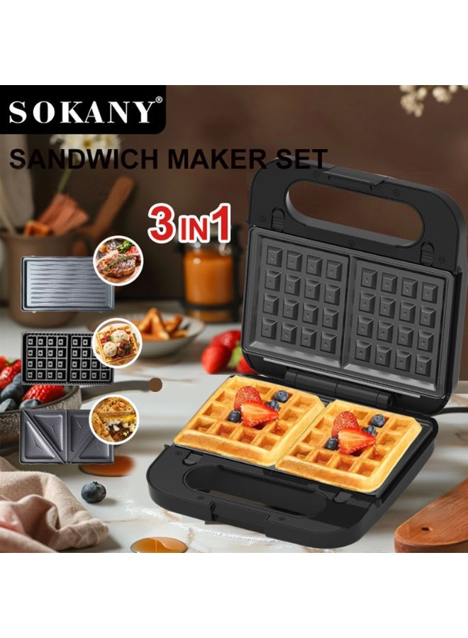 sokany Multi-Snack Maker 3-in-1 - Non-Stick Detachable Cooking Plate | Cooks Delicious Crispy Sandwiches/Waffles/Grills | Cool Touch Handle | Automatic Temperature Control 1200 W Black/Silver - Image 2