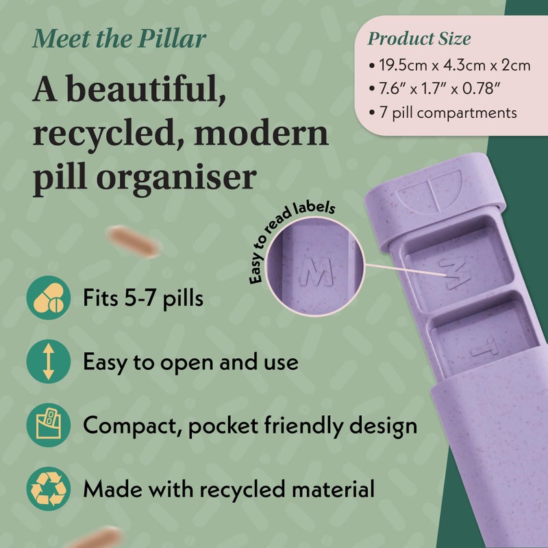 SEQUENCE Pillar - 7-Day Pill Organizer | Weekly Medicine Pill Container Travel Box - Aesthetic Medication Holder - Stylish Travel Pill Case - Cute Small Medication Organizer 7 Day for Women (Lavender) - Image 3